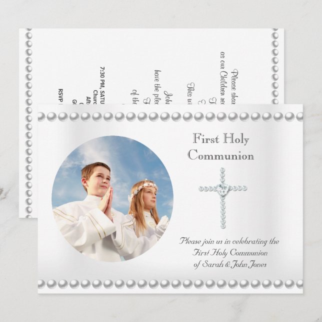 Invitation Garçon Fille Première Sainte Communion Croix Blanc (Devant / Derrière)