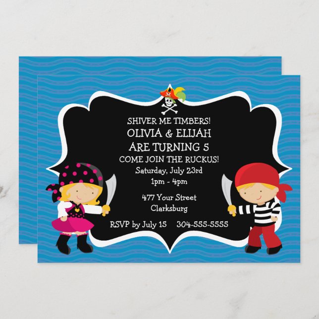 Invitation Garçon Fille Twins Pirate fête d'anniversaire (Devant / Derrière)