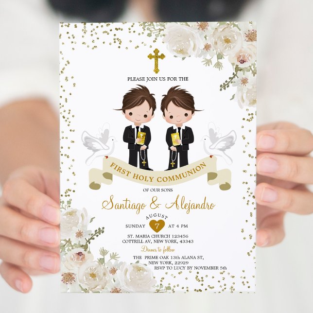 Invitation Garçon Fleur blanche 1ère Sainte Communion Or (Créateur téléchargé)