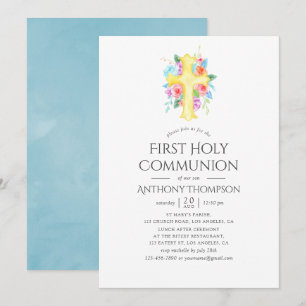 Invitation Garçon Fleur Pastel Aquarelle Première Sainte Comm