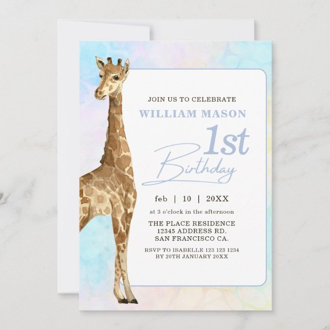Invitation Garçon Girafe Mignon 1er Anniversaire Bleu (Devant)
