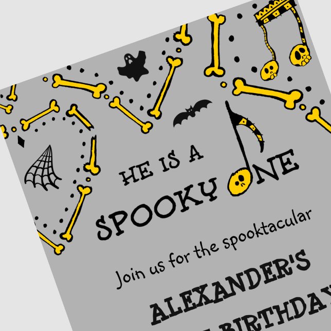 Invitation Garçon Gris Crâne Épouvantable Halloween 1er anniv (Halloween-1st-birthday-Invitation-Boy-grey-Skull-Spooky-one-1)
