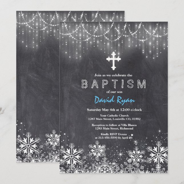 Invitation Garçon Hiver Chaîne Lumières Flammes de neige Chal (Devant / Derrière)