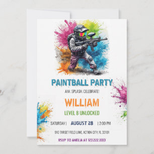 Invitation Garçon joueur de paintball coloré 8e anniversaire