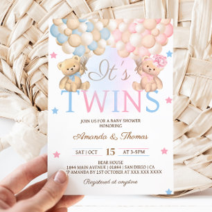 Invitation Garçon Jumeaux Ours Avec Baby shower Ballons