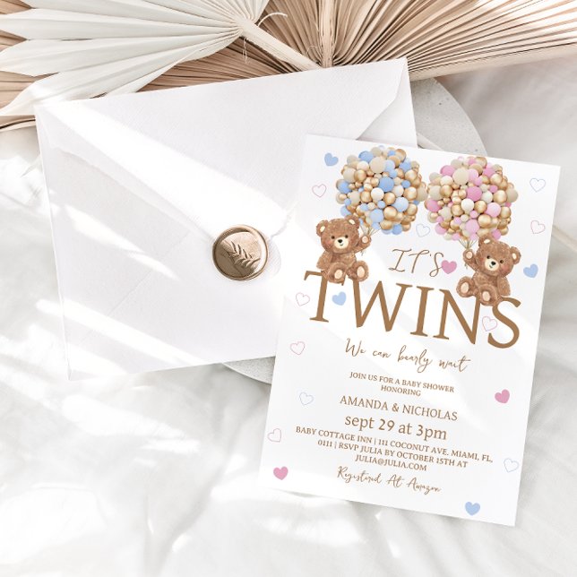 Invitation Garçon Jumeaux Ours Ballons Baby shower rustique (Créateur téléchargé)