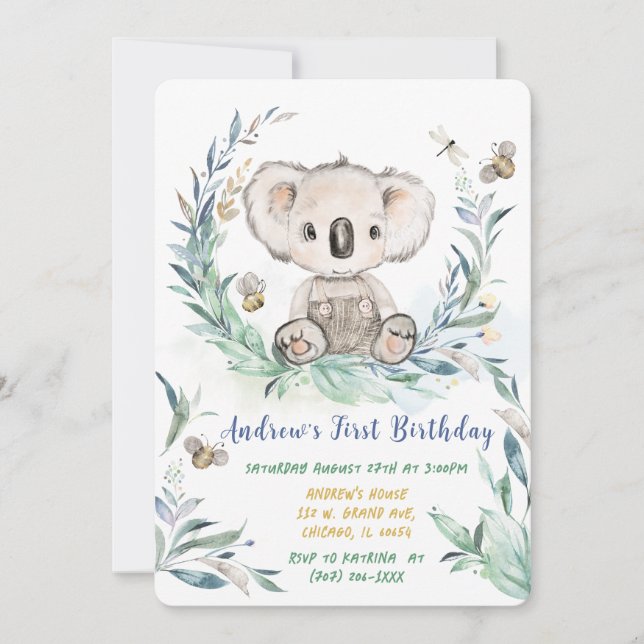 Invitation Garçon Koala Personnalisé Premier Anniversaire (Devant)