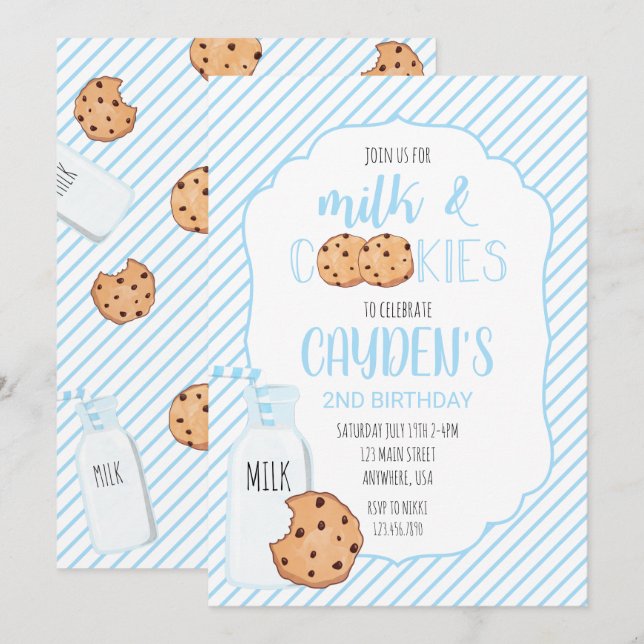 Invitation Garçon Lait et Cookies bleu Anniversaire (Devant / Derrière)