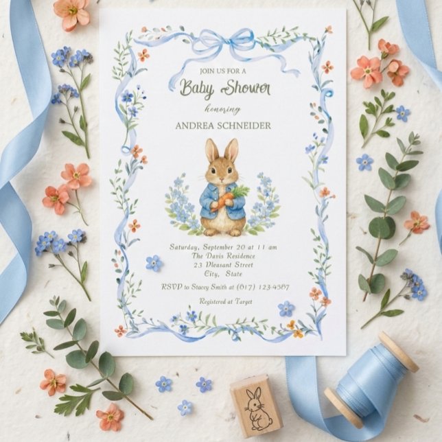 Invitation Garçon Lapin Mignon avec un Nœud Papillon Fleur Bl (Créateur téléchargé)
