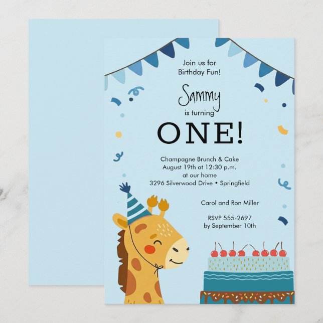 Invitation Garçon mignon animal de fête 1er anniversaire (Devant / Derrière)