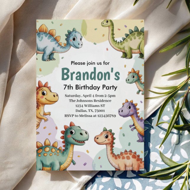 Invitation Garçon Mignon Anniversaire 7 Ans Dinosaure (Créateur téléchargé)
