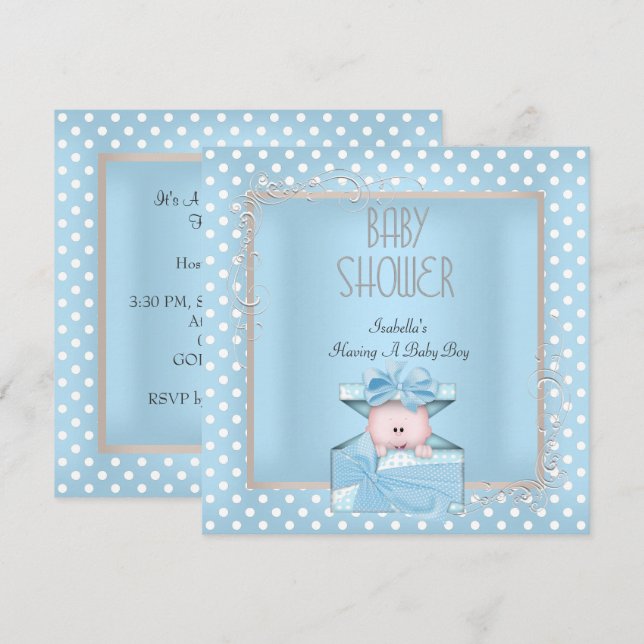 Invitation Garçon Mignon Baby Shower Bleu Blanc Points (Devant / Derrière)