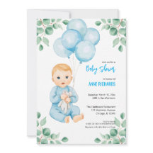 Garçon mignon ballons bleus eucalyptus modernes 