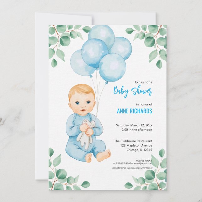 Invitation Garçon mignon ballons bleus eucalyptus modernes  (Devant)