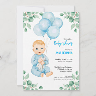 Invitation Garçon mignon ballons bleus eucalyptus modernes 