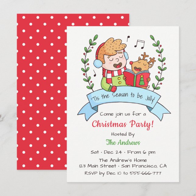 Invitation Garçon mignon chantant et fête de Noël du renne (Devant / Derrière)