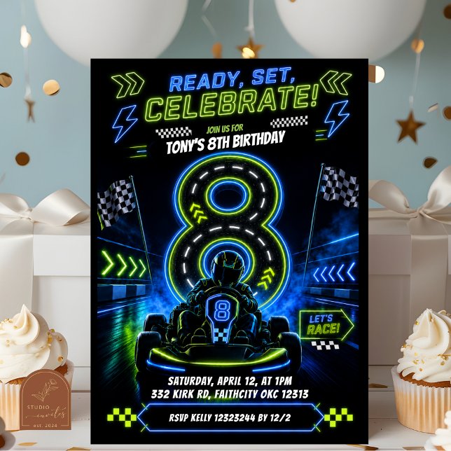 Invitation Garçon Neon Bleu Vert Course 8ème Anniversaire (Créateur téléchargé)