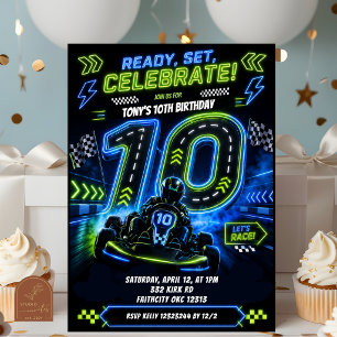Invitation Garçon néon bleu vert Racing 10e anniversaire