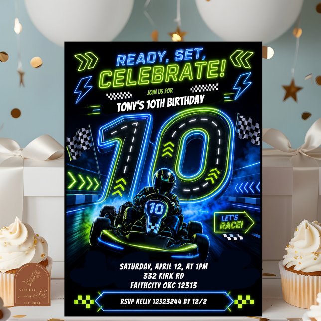Invitation Garçon néon bleu vert Racing 10e anniversaire (Créateur téléchargé)