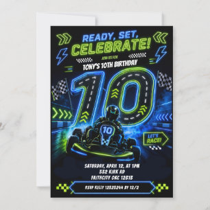 Invitation Garçon néon bleu vert Racing 10e anniversaire