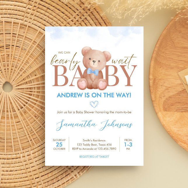 Invitation Garçon on peut attendre Baby shower (Blue We Can Bearly Wait Bear Baby Shower Invitation)