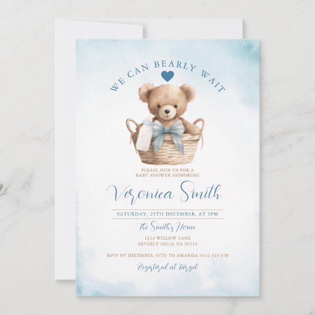 Invitation GARÇON On peut attendre le Baby shower de l'ours b (Devant)