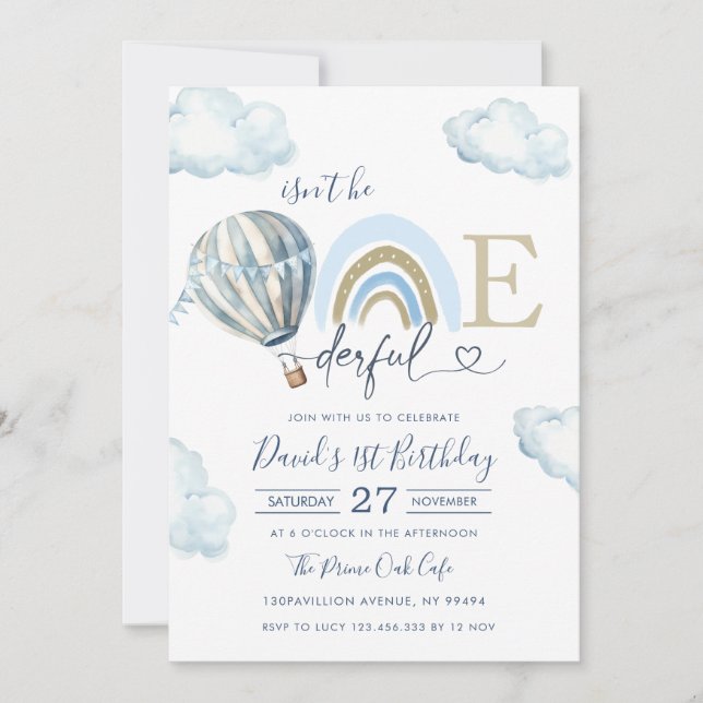 Invitation Garçon Onederful Montgolfière 1er Anniversaire (Devant)