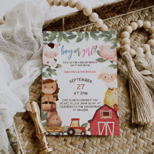 Invitation Garçon ou fille Animaux de ferme Aquarelle Révélat