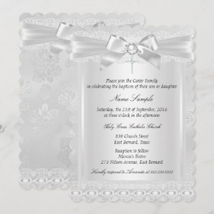 Invitation Garçon ou fille Baptême croix en dentelle blanche