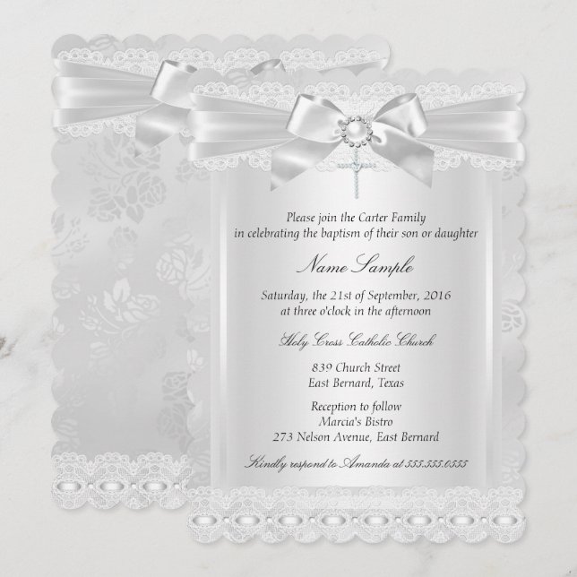 Invitation Garçon ou fille Baptême croix en dentelle blanche (Devant / Derrière)