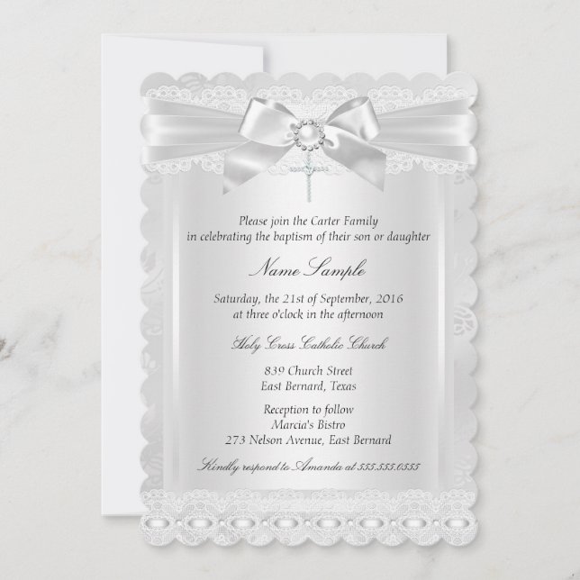 Invitation Garçon ou fille Baptême croix en dentelle blanche  (Devant)