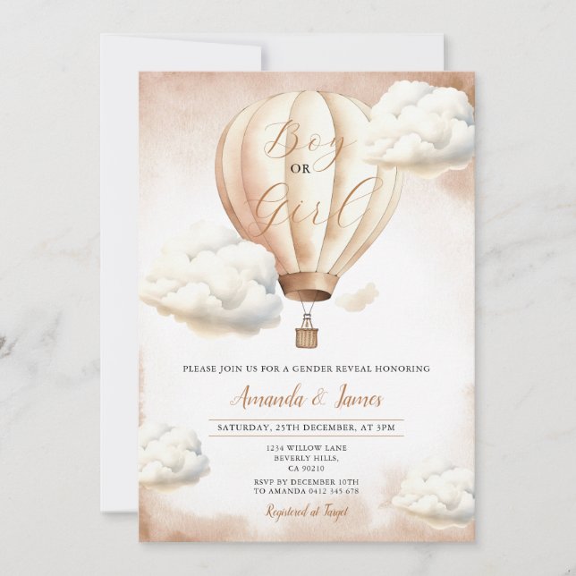 Invitation Garçon ou fille Beige Hot Air Balloon Révélation d (Devant)