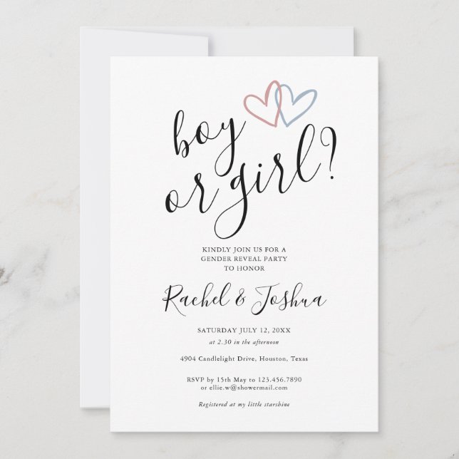 Invitation Garçon Ou Fille Bleu Coeurs Rose Genre Revela Part (Devant)