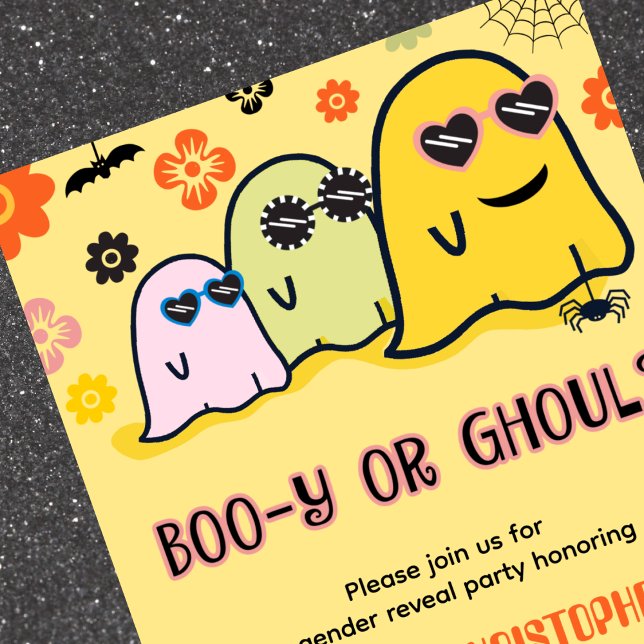 Invitation Garçon ou fille fantôme super cool Halloween révél (Booy-or-Ghoul-Groovy-Ghost-Halloween-Gender-reveal-Invitation-1)