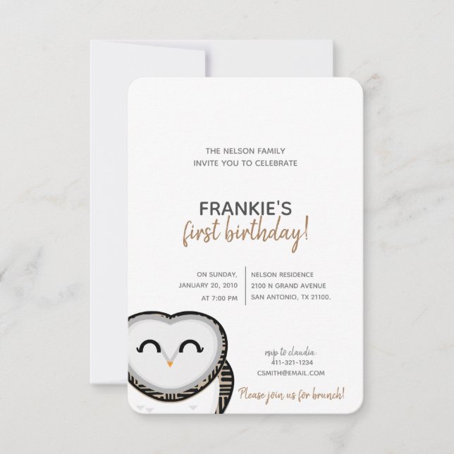 Invitation garçon ou fille N'IMPORTE QUEL ÂGE boisé OWL BIRTH (Devant)