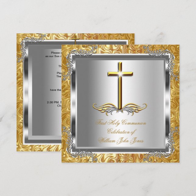 Invitation Garçon ou fille Première 1ère communion Or Argent  (Devant / Derrière)