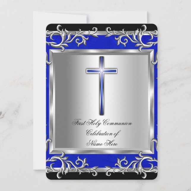Invitation Garçon ou fille première communion argent bleu (Devant)