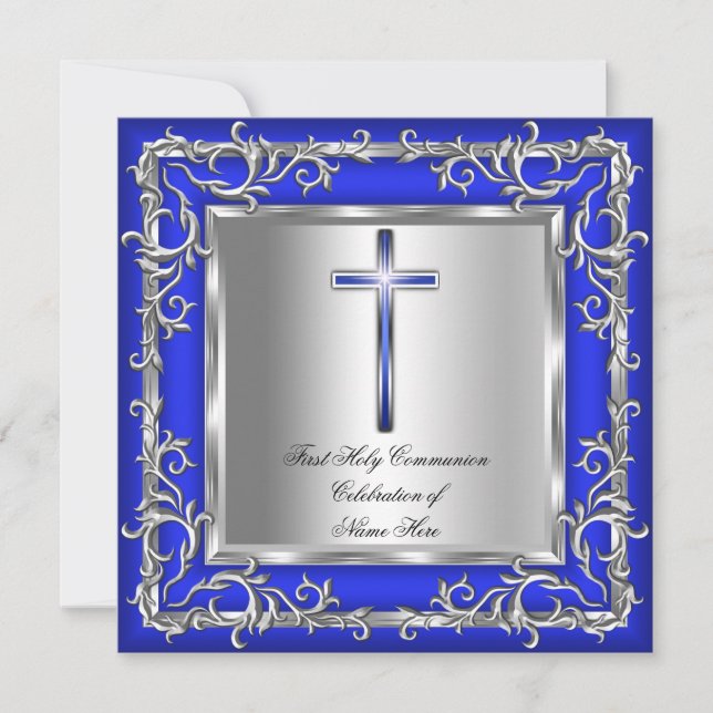 Invitation Garçon ou fille Première communion Argent Bleu 3r (Devant)