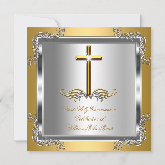 Invitation Garçon ou fille première communion or et argent (Devant)