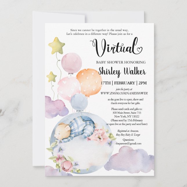 Invitation Garçon ours rose floral ballons Baby shower virtue (Devant)