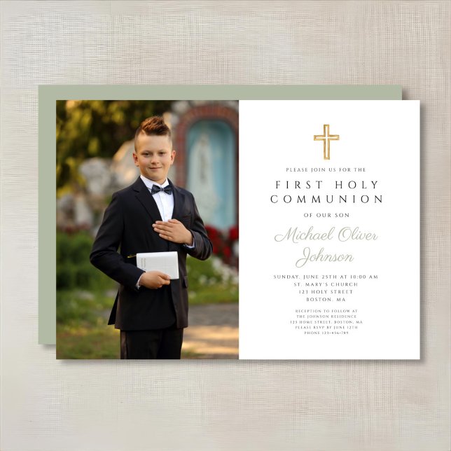 Invitation Garçon photo croix vert sauge Première communion  (Sage Green Cross Photo Boy First Communion Invitation)