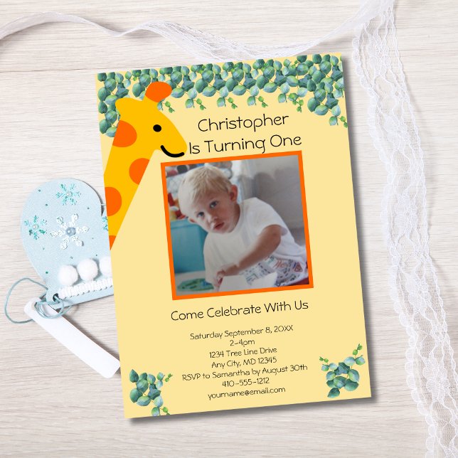 Invitation Garçon Photo Girafe 1er Anniversaire (Giraffe Photo 1st Birthday invitation. Printed or digital download)