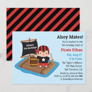 Invitation Garçon pirate mignon bateau radeau fête d'annivers