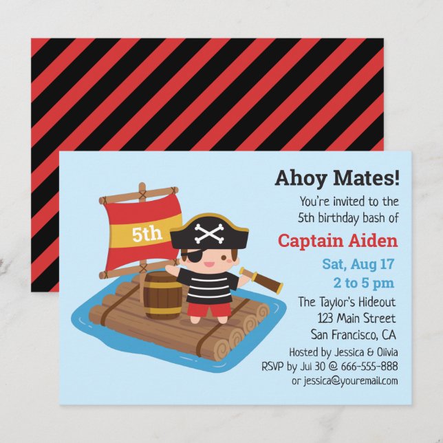 Invitation Garçon pirate mignon sur un bateau à voile Fête d' (Devant / Derrière)
