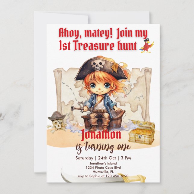Invitation Garçon Pirate Rouge Fête d'anniversaire 1 an (Devant)