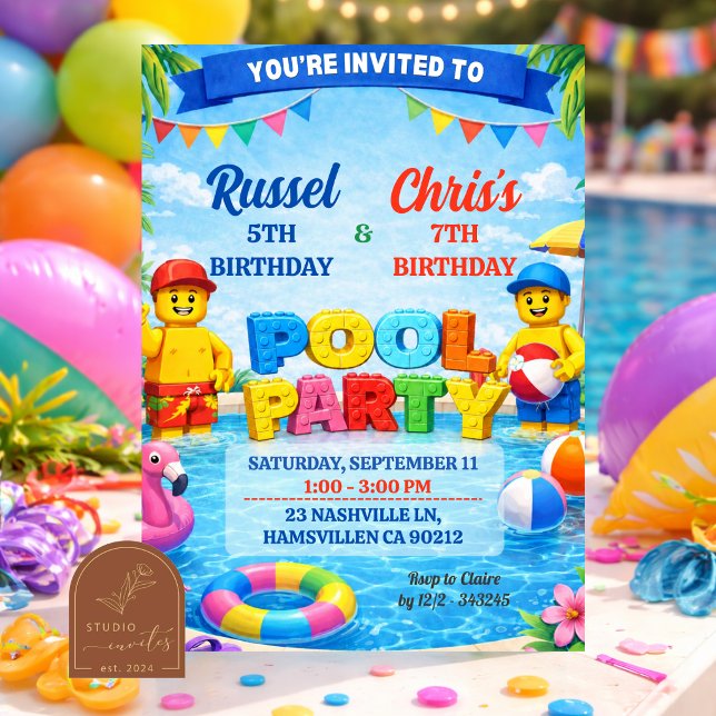 Invitation Garçon Piscine Colorée Briques Fête d'anniversaire (Créateur téléchargé)