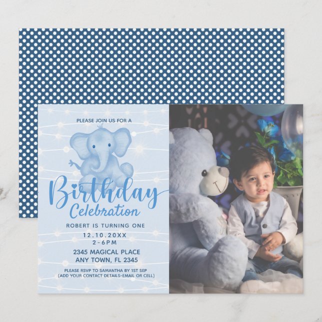 Invitation Garçon pour 1er anniversaire Éléphant mignon Guirl (Devant / Derrière)
