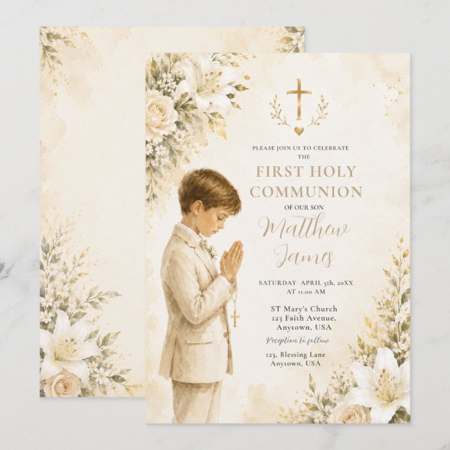 Invitation Garçon pour la Première Sainte Communion Florale (Devant / Derrière)