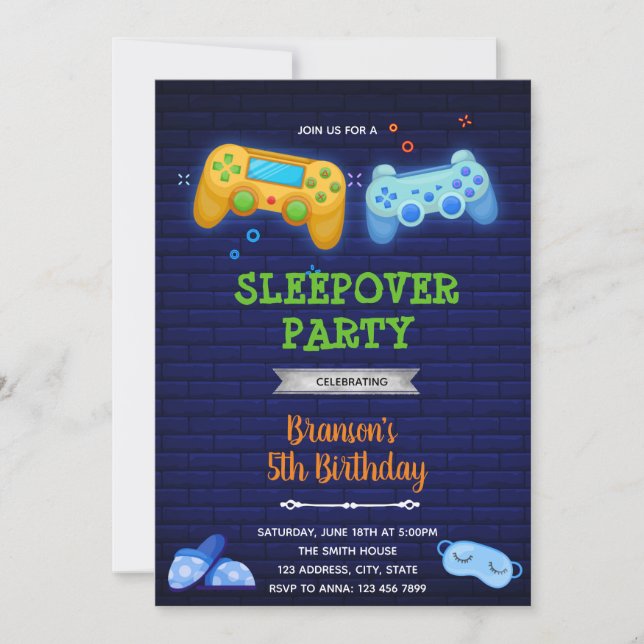Invitation garçon pour soirée pyjama jeu (Devant)