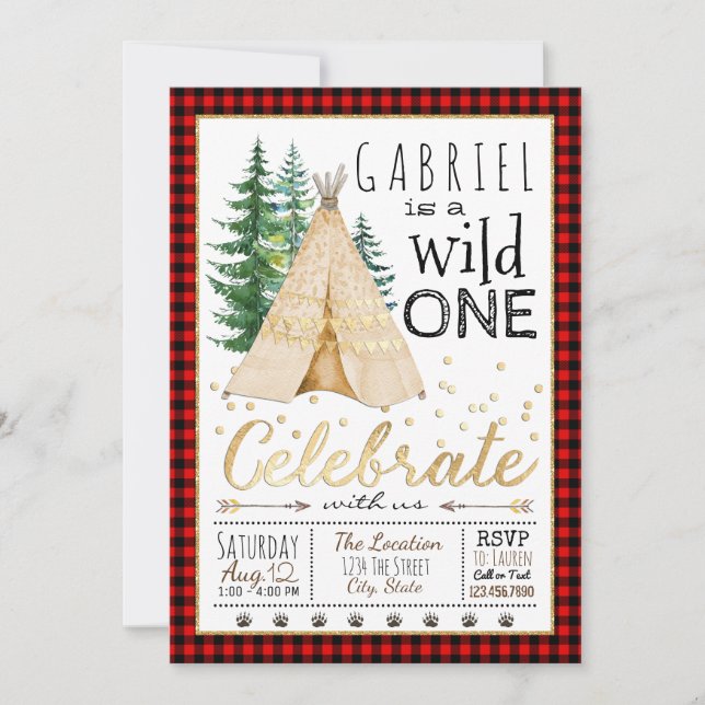 Invitation Garçon premier anniversaire fête sauvage TeePee (Devant)